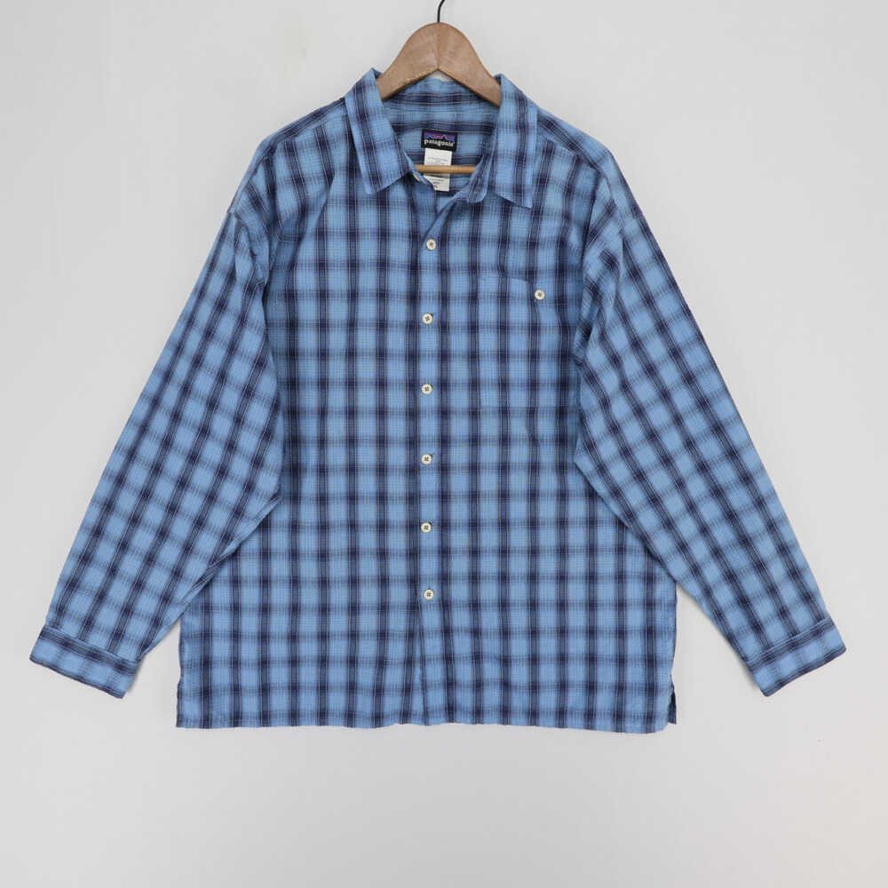 Patagonia Puckerware Shirt Mens XL Blue Plaid Button Up Long Sleeve Seersucker